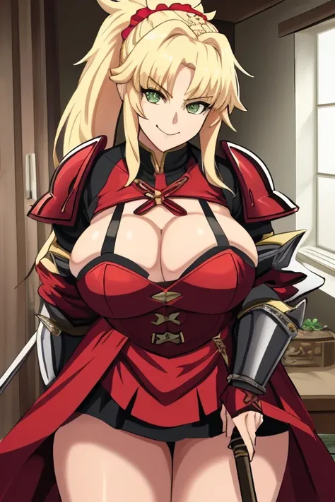 best quality, masterpiece, highres, solo, {mordred_fgo:1.15}, blonde_hair, long_hair, ponytail, green_eyes, braid, scrunchie, hair_ornament, red_scrunchie, bangs, hair_scrunchie, breasts, smile, large_breasts, bent_over, 1girl, armor, looking_at_viewer, sw...