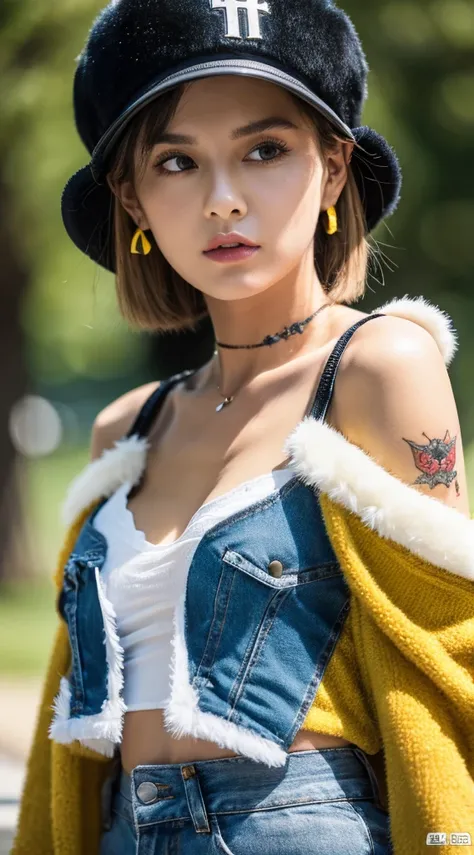 masterpiece, best quality, 8k,highestres, absurdres, extremely detailed, female trafalgar law, 1girl, 1sword, solo, looking at viewer, short hair, medium breasts, hat, navel, cleavage, collarbone, earrings, midriff, pants, coat, fur trim, denim, jeans, sho...