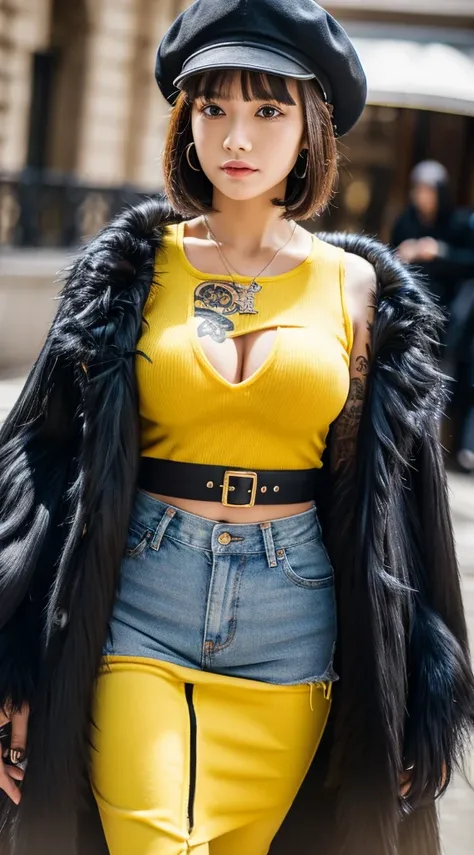 masterpiece, best quality, 8k,highestres, absurdres, extremely detailed, female trafalgar law, 1girl, 1sword, solo, looking at viewer, short hair, medium breasts, hat, navel, cleavage, collarbone, earrings, midriff, pants, coat, fur trim, denim, jeans, sho...