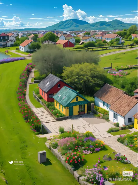 Aerial view of a small village，There are green lawns and colorful houses, small village, author：Carl Walker, swedish house, Real photos of a town, colorful houses, Midsummer Color Theme, small scandinavian!!! house, cottage town, author：Franz Haage, author...