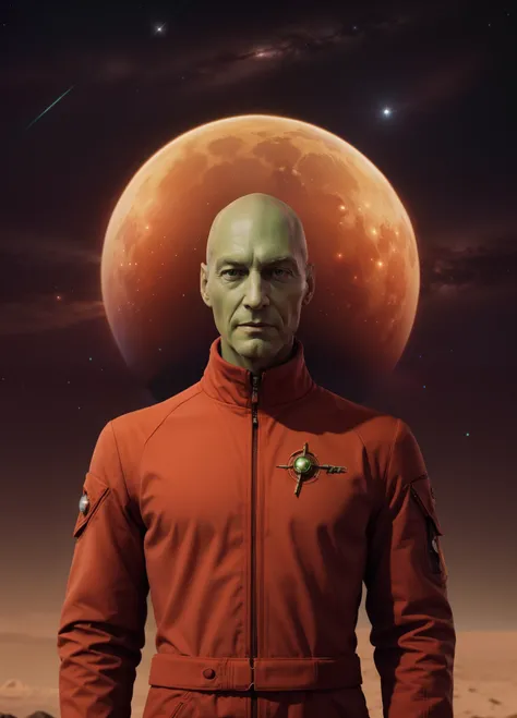 happy smiling, hombre arafed en un traje espacial con una cara verde y un planeta rojo en el fondo, Beeple y Jean Giraud, Android Jones y Rhads, inspirado por Jim Burns, Estilo de Jim Burns, portrait of a space alien, metabaron, Captain Picard, Stefan Koid...