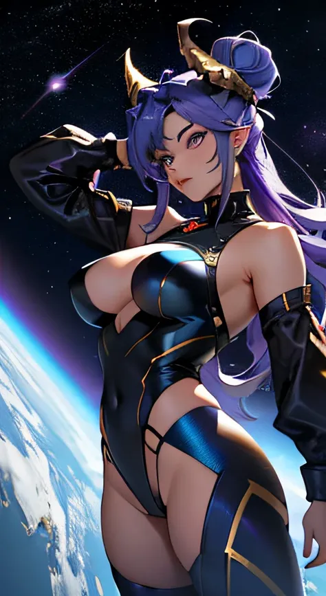 Hair Buns, Long hair, Blue and Purple, Gold accents, Holographic, Gold Dragon, Big breasts, Female, Aesthetics, Anime woman, Space Woman, Planets for Buns, Dragon Girl, Blue Hair, Purple Hair, Gradient Blue and Purple Hair, Stars in hair, Galactic, head to...