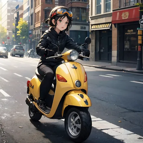 1girl in,girl riding an old scooter,Sounds fun, doesnt it?, arent they?,A dark-haired,Helmet with goggles that allows you to see your face,tre anatomically correct,Precise fingers,old scooter,Waiting for a traffic light,photorealisim,​masterpiece,hiquality