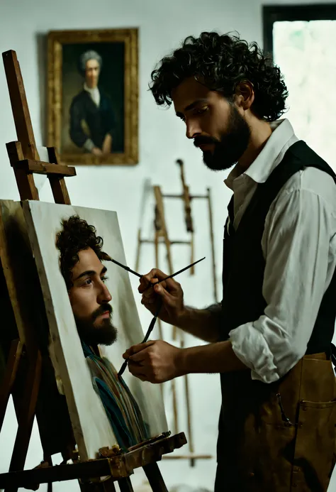 A high-resolution 8K cinematic shot in a traditional Italian art studio. A young Italian student, Marco, with dark, curly hair, is intently painting a canvas. Master Giuseppe, an elderly man with a gentle face and white beard, guides him. The studio is ado...