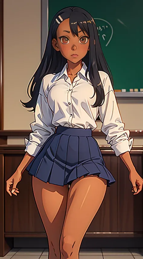 nagatoro hayase, hair ornament, brown eyes, hairclip, (dark skin, dark skinned female), black hair, (gyaru, bimbo, thin toned body, long legs, thick thighs, narrow waist), wide hips, beautiful detailed face, detailed body, detailed eyes, tight school unifo...