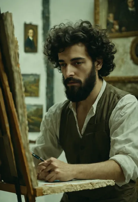 A high-resolution 8K cinematic shot in a traditional Italian art studio. A young Italian student, Marco, with dark, curly hair, is intently painting a canvas. Master Giuseppe, an elderly man with a gentle face and white beard, guides him. The studio is ado...