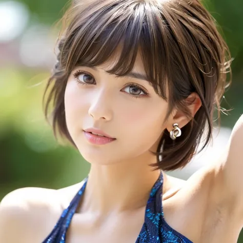 (Best Quality, masutepiece), 1girl in, Beautiful Girl, brown_Eyes, ((Hair color [Silver hair], [Pixie cut with bangs] hair)), earrings, Lips, Short sleeves,Realistic, Narrow waist, Charming, colorful makeup, long eyelashes, Fair skin, (Cute), (Detailed fac...