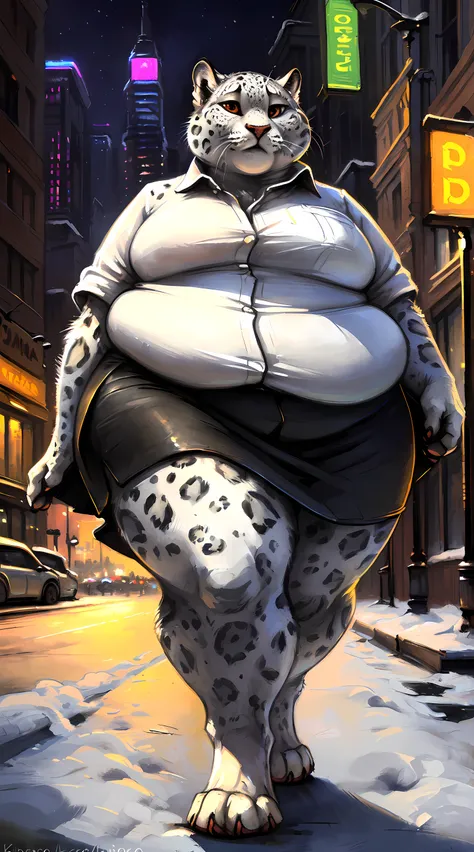 solo, ((snow leopard)), ((obese female:1.6)), feral, ((pudgy belly, huge belly, huge thighs)), (unfit, out of shape, small breas...