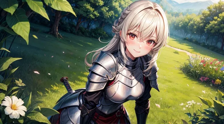 Female knight,During the break,a smile,red blush,grass field,The sword,morpheus