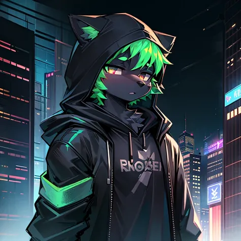 single, looking spectator, shirt, 1boy, jacket, femboy focus, hood, black shirt, hoodie, pectoral muscles, hooded jacket, night city, neon green, furry, green fur, black eyes, 8K, high quality