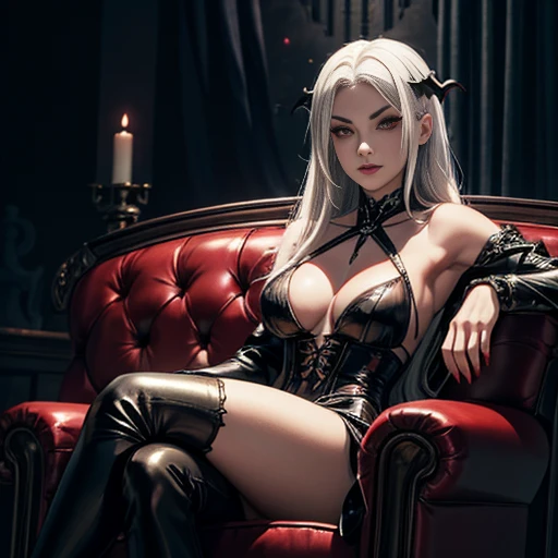 Woman in a black dress sitting on a wooden and leather armchair, beautiful female vampire queen, beautiful vampire queen, beautiful elegant demon queen, beautiful sorceress, An elegant gothic princess, Gothic Maiden, a beautiful sorceress, beautiful female...