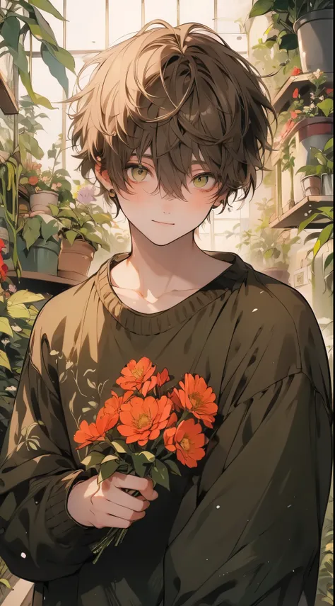 High quality, amount of drawing, pixiv illustration, Beautiful young man, brown, Soft hair, Short hair, Yellow eyes, soft green sweater, Botanical Garden, i love flowers、ssmile