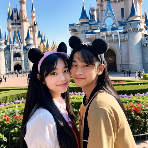 A two-shot of a boy with long black hair and a Mickey headband wearing a Mickey headband and a girl with long black hair wearing a Minnie headband in front of Cinderella Castle.