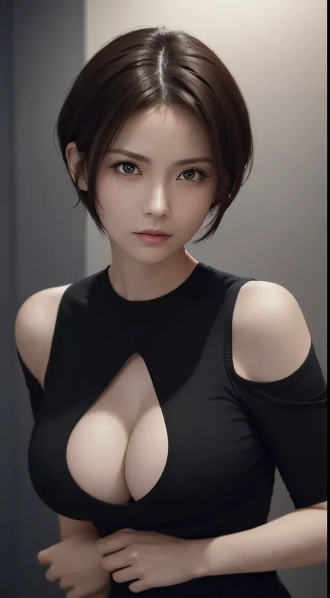 Skin Tight Black Top:1.2, Looking at Viewer, Cinematic lighting, Perfect, softlight, High resolution skin:1.2, Realistic skin texture, 30 years old mature woman、Small face、no-makeup、, off shoulders,Bust B Cup、 Exposed cleavage, Red Eyes, Short hair, dark b...