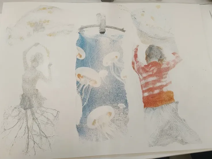 On the left  a dancing person. In the middle  a person swimming into a group of jellyfish. On the right  a woman wearing a red sweater.