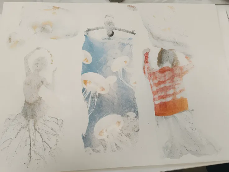 On the left  a dancing person. In the middle  a person swimming into a group of jellyfish. On the right  a woman wearing a red sweater.