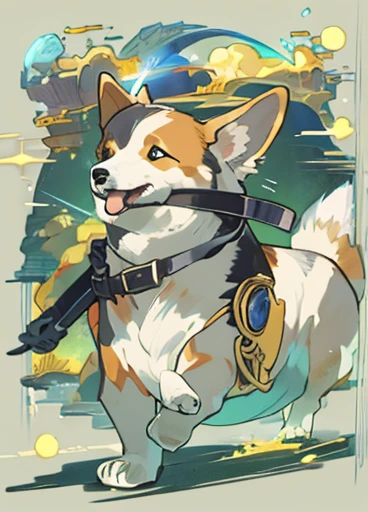 shinkai makoto, liquid otherworldly cool dreamy corgi, cuddly, arrogant, powerful, high fantasy, epic, cinematic, internal glow