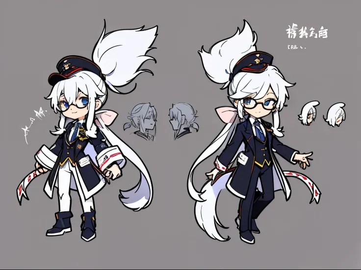 male in his 20s、white  hair、poneyTail、He wears round glasses with no rims、The face is human、The body is made of machines、Cyborg Arm、Hats、wearing a tailcoat、neck tie、concept-art、Character concept art、Character Sketch、Reference Sheet、a smile、Facial expressio...