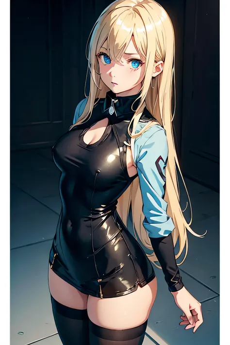 {best quality},{1girl}, cute,Amazing,anime girl,anime style,small outfit, wearing tights, hands behind back, black sexy collar around neck, detailed boobs, beautiful detailed eyes, light blue eyes, long hair, blonde hair, finely detail,Depth of field,extre...