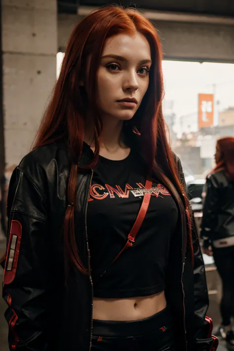 long red hair, cyber punk clothes (Jacket and t-shirt), with a sword