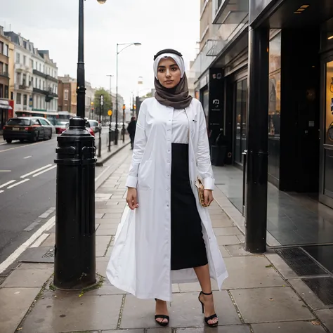 Arab girl wearing abaya standing in London big ban