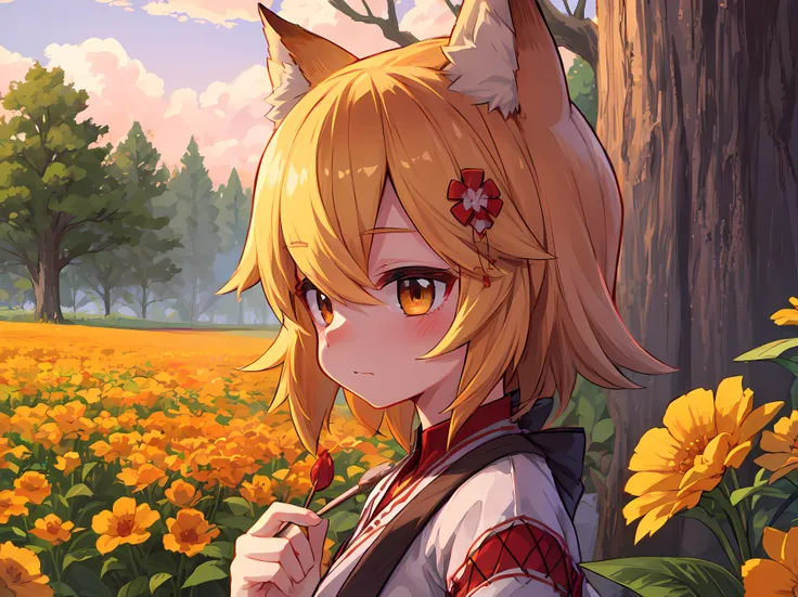 A girl, Fox ears, field, Orange flowers. Super detailed, Detailed ears, Detail Eyes, Girls 4K, Detailed flowers, beautiful clouds, detailed blocks, Beautiful trees, trees in the background, Detailed trees, Girl close-up, body