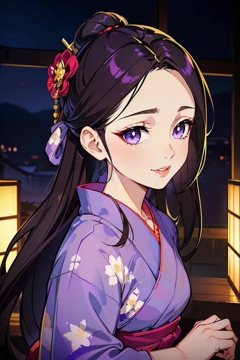 (high-quality, breathtaking),(expressive eyes, perfect face) (((yukata, sexy lips)), 1girl, female, solo, young adult, dark brown hair, purple coloured eyes, stylised hair, gentle smile, long length hair, loose hair, side bangs, tied up, japanese clothing,...