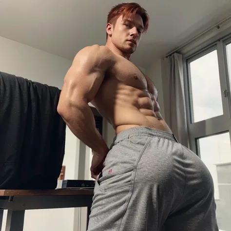 Male, Red hair, shirtless, very muscular, big butt, huge butt, grey sweatpants, massive butt, big butt,