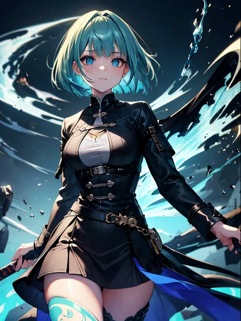 (masterpiece,best quality,ultra-detailed),1girl,bob cut, white and green hair,thick hair,iridescent hair,((mutant girl)),(monster girl), beautiful and detailed face, detailed eyes,black and green jacket, rock punk, (aesthetic outfit),(aesthetic hairstyle),...