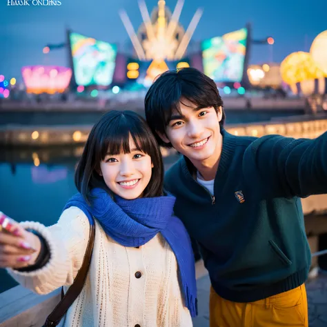 The boy taking a selfie with illuminations in the Disney Pixar poster has black hair and is wearing a blue knitwear.。The girl next to me has black hair with bangs and is wearing an ivory down jacket over a white sweatshirt.。