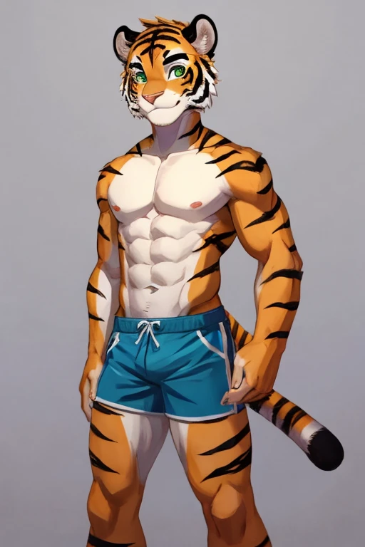 a young 18 year old tiger, athletic body, green eyes, shirtless, blue shorts, looking like a teenager