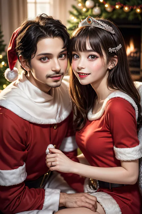 (photo of young prince and young beautiful princess:1.6), (Photo illustration of santa claus prince and beautiful princess:1.3), Realistic portrait, Amazing face and eyes, (Best Quality:1.4), (Ultra-detailed), (extremely detailed CG unified 8k wallpaper), ...