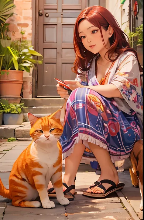 Asian mother with red hair in defense pose in the foreground behind Latin girl with Chinese eyes grabbing moms legs, small orange cat grabbing moms leg, colorful clothes, colonial house environment, mom and daughter