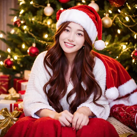 Christmas、Santa Costumes、Long hair with red hair、Wavy Hair、In front of the Christmas tree illuminations、Im looking at this and smiling.、light pigment in eyes、