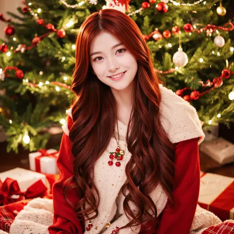 Christmas、Santa Costumes、Long hair with red hair、Wavy Hair、In front of the Christmas tree illuminations、Im looking at this and smiling.、light pigment in eyes、