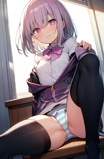 akaneshinjou, shinjou akane, Light purple hair, (Pink eyes:1.2), Short hair,
Blakebow, Collared shirt, hoods, hooded jacket, Jacket, Open your clothes, Open jacket, Open Shirt, Purple bow, Purple jacket, School uniform, Shirt, sleeves past wrists, Unbutton...