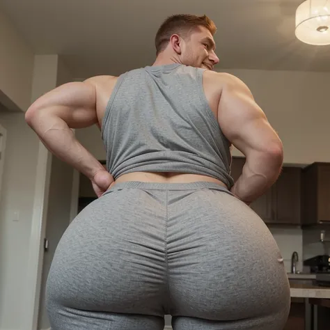 Male, redhead, shirtless, fat ass, grey sweatpants, tight pants, muscular ass, huge butt, comically large butt, big butt, fat man booty, man, short hair, looking back at camera, smiling, big fat booty, bubble butt, big man butt, male bubble butt, fat man a...