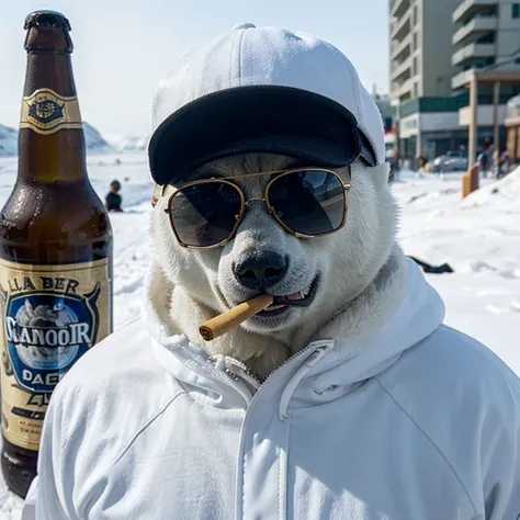 a polar bear wearing a cap, wearing sunglasses, with cigarette in its mouth holding a beer