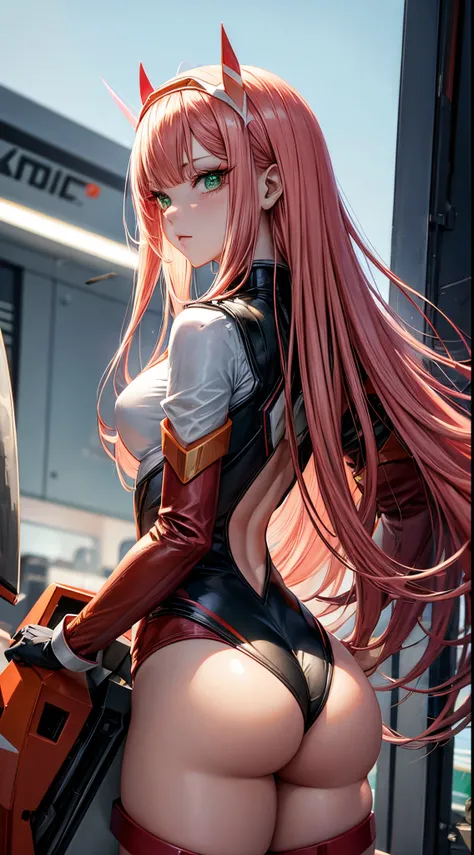 Zero Two, darling in the franxx, 1girl, 独奏, Masterpiece, Best Quality, Ultra-detailed, fringe, At the back, ombre, Green eyes, Hair behind the head, Horns, hairlong, looking a viewer, makeup, big ass, pilot suit, red costume, pink hair, red eyeshadow, scie...