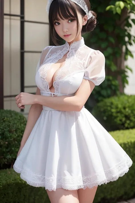 She is wearing a shiny white full-body lace high school uniform.、very short lace skirt、her breasts are covered with lace, tome#39;It is a shiny fabric, The fabric is thin so you can see your skin through it.、her outline is clearly visible.、Beautiful body l...