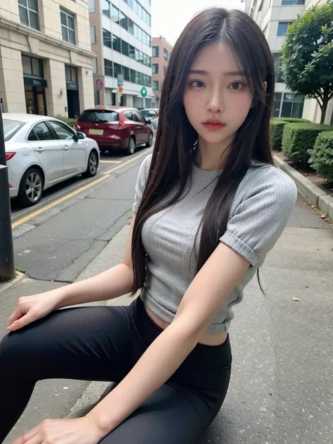 (Street photography: 1.3), exercise well, Gray sports short sleeves，Tights，Yoga pants, skinny pants: 1.0), long whitr hair , (Realistis: 1.4), (Best quality at best: 1.0), (Hyper-Resolution: 1.0), 8K, RAW photo works: 0.2), 超詳細, 1 girl, pale-skinned, Delic...