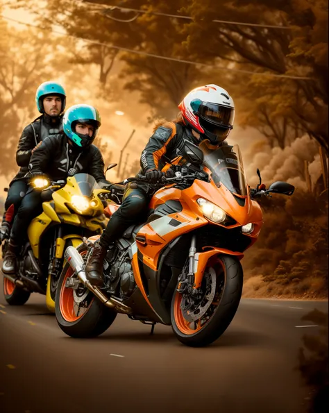 there are two people riding motorcycles on the road together, touring, riding on the road, riding a motorcycle, super wide, riding a motorbike down a street, biker, motorbiker, riding a motorbike, motorcycles, easy go, riding a futuristic motorcycle, one m...