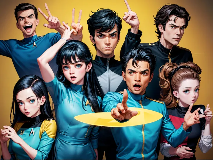 Illustrate the "Star Trek: The Original Series" crew in a playful and exaggerated cartoon style, emphasizing humor and quirky expressions. Think of cartoon styles similar to Matt Groening or Butch Hartman.