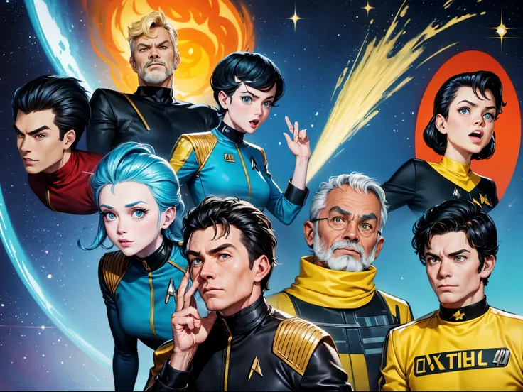 Illustrate the "Star Trek: The Original Series" crew in a playful and exaggerated cartoon style, emphasizing humor and quirky expressions. Think of cartoon styles similar to Matt Groening or Butch Hartman.