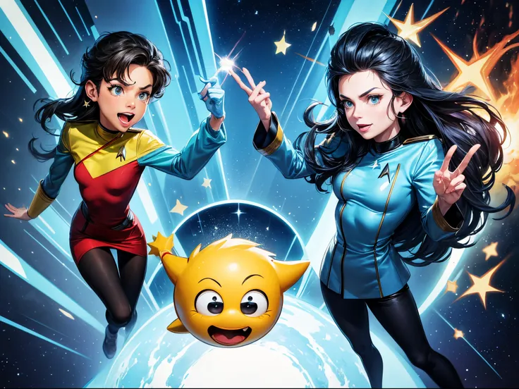 Illustrate the "Star Trek: The Original Series" crew in a playful and exaggerated cartoon style, emphasizing humor and quirky expressions. Think of cartoon styles similar to Matt Groening or Butch Hartman. enormous tits