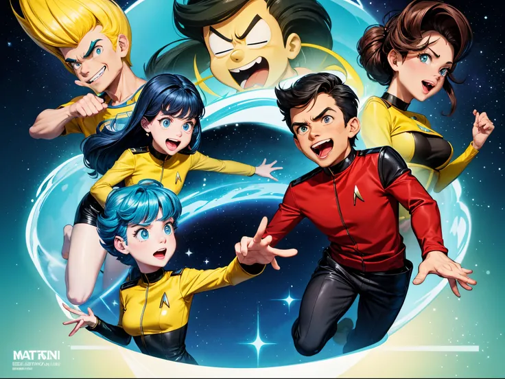 Illustrate the "Star Trek: The Original Series" crew in a playful and exaggerated cartoon style, emphasizing humor and quirky expressions. Think of cartoon styles similar to Matt Groening or Butch Hartman. enormous tits