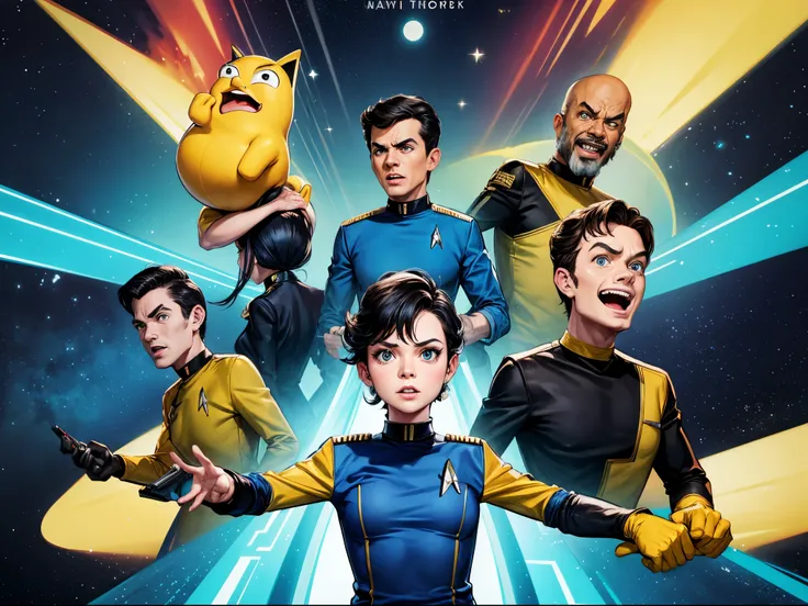 Illustrate the "Star Trek: The Original Series" crew in a playful and exaggerated cartoon style, emphasizing humor and quirky expressions. Think of cartoon styles similar to Matt Groening or Butch Hartman. enormous tits