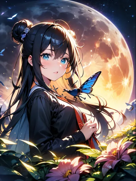 Green eyes、 Long hair in two buns, Amount of money when breaking up.、A dark-haired、imaginative fantasy landscape, a storybook illustration, inky,having a good time,butterflys, flowers around,(fullmoon), iconic symbol,top-quality、facefocus、Soft light、detail...