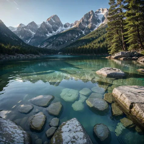 Crystal-clear mountain springs, glistening with pristine purity and shimmering like liquid diamonds as they cascade down jagged rocks, captivating all who behold them. This breathtaking photograph captures the serenity of nature, showcasing the crystal-cle...