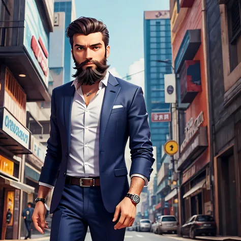 Elegant and wise business man with beard, with casual clothes with subtle details and a value watch.  Estilo de arte de desenho cyberpunk.